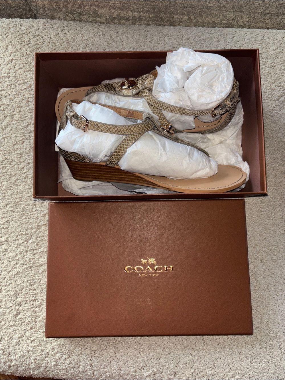 Coach Taupe Snake-Print Wedge Sandals with Ankle Strap